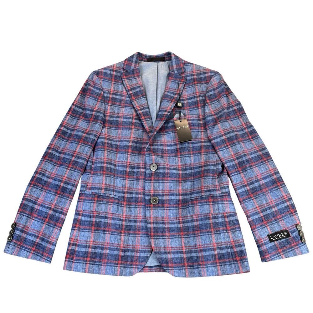 LAUREN RALPH LAUREN Boy 14R Bloxbury Blue Red Plaid Sport Coat Blazer Linen Blen